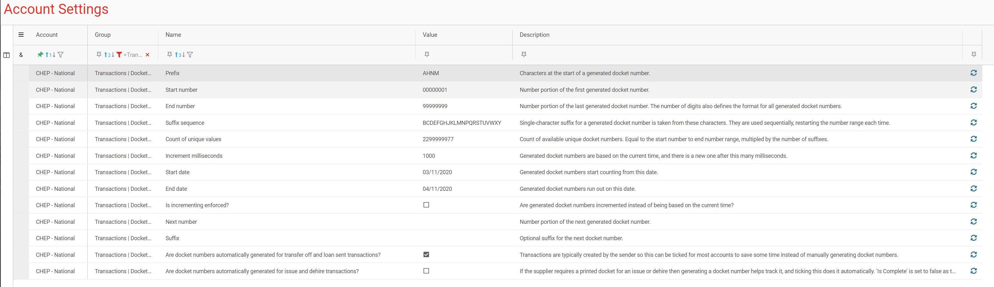 Docket Number Settings