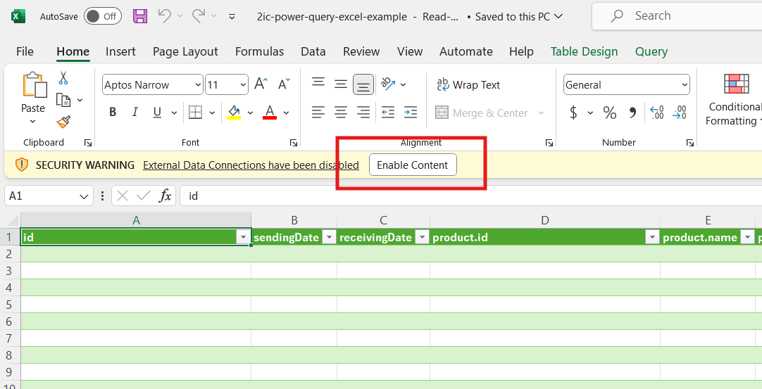 Enable content excel