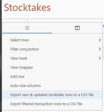 Stocktakes menu